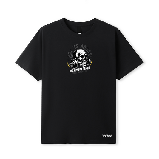 Unisex Skull Barbell Ass to Grass Cotton Tee - Black